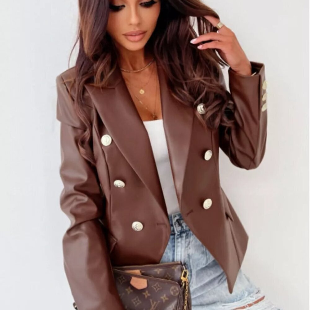 Lapel Collar Leather Blazer